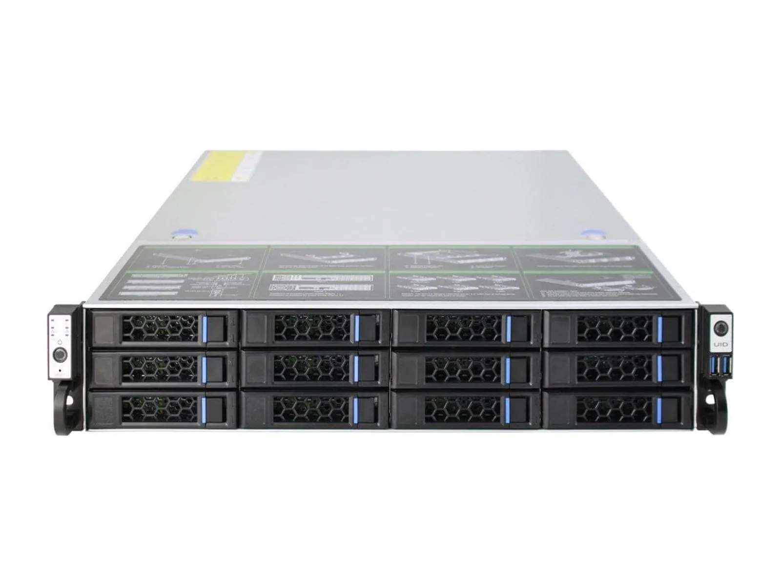 NetBytes SRS1 (12BEx) 12-bay 2U rack server, front view — twelve hot-swap drive bays in three rows of four, rack-mount ears both sides, UID panel on the right
